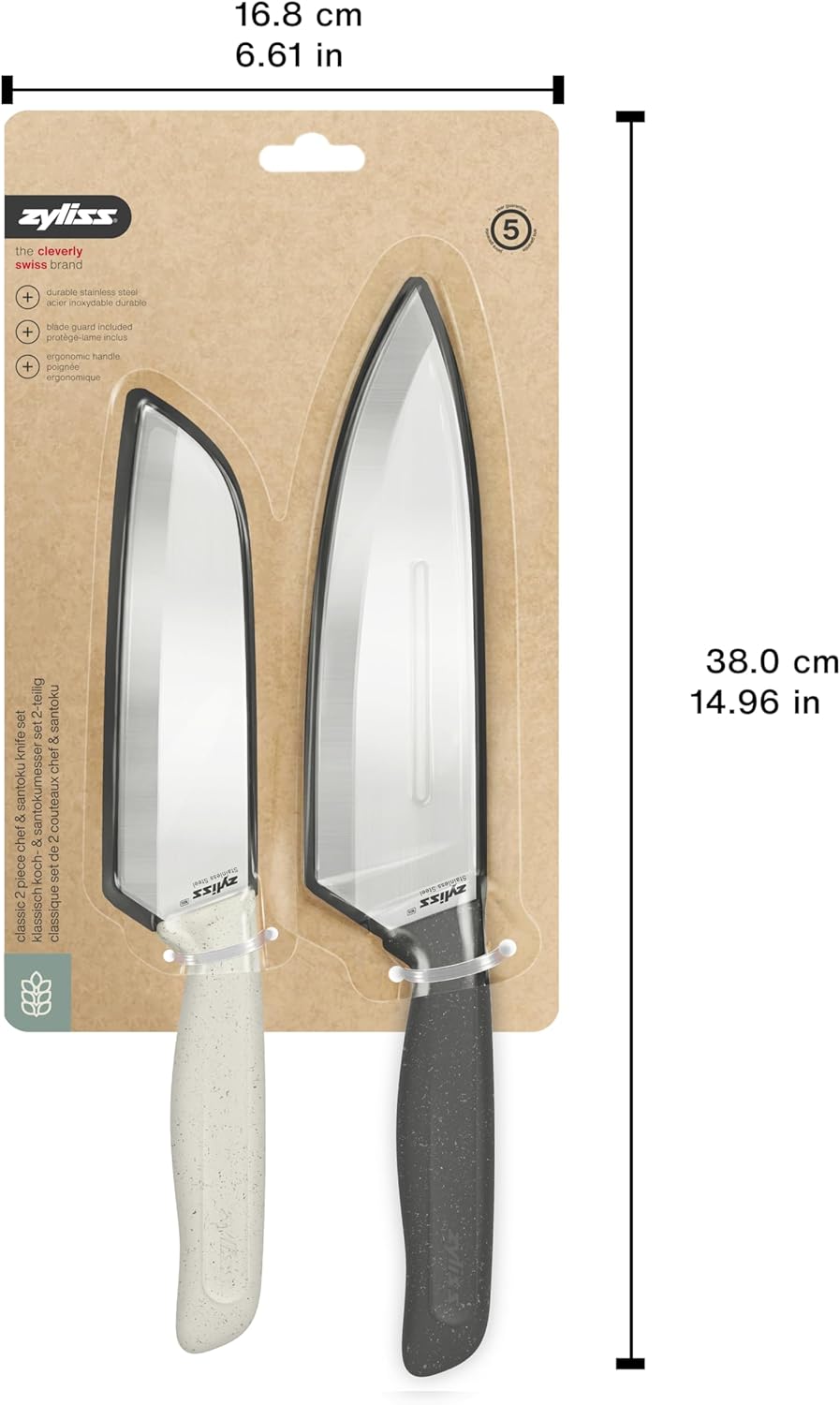 Zyliss Classic 2 Piece Chef & Santoku Knife Set, Stainless Steel 15° Hollow-Ground Blades, Ergonomic Wheat Straw Handles, Finger Guard & Blade Covers, Dishwasher Safe