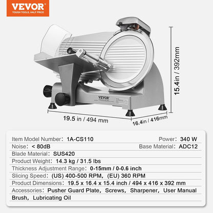 VEVOR Meat Slicer, 7.5 inch 200W Electric Deli Slicer Machine with SUS420 Blade, 0-0.6 inch Adjustable Thickness, ETL Certified Home Food-Slicer for Meat, Ham, Baguett, Steak