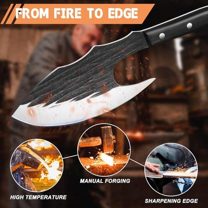 Huusk Chef Knife - Upgraded Viking Hand Forged Meat Cleaver With Sheath - Japanese Butcher Curved Boning Knife for Cutting, Cooking, Kitchen, Outdoor Camping, and BBQ, Gifts for Men Women