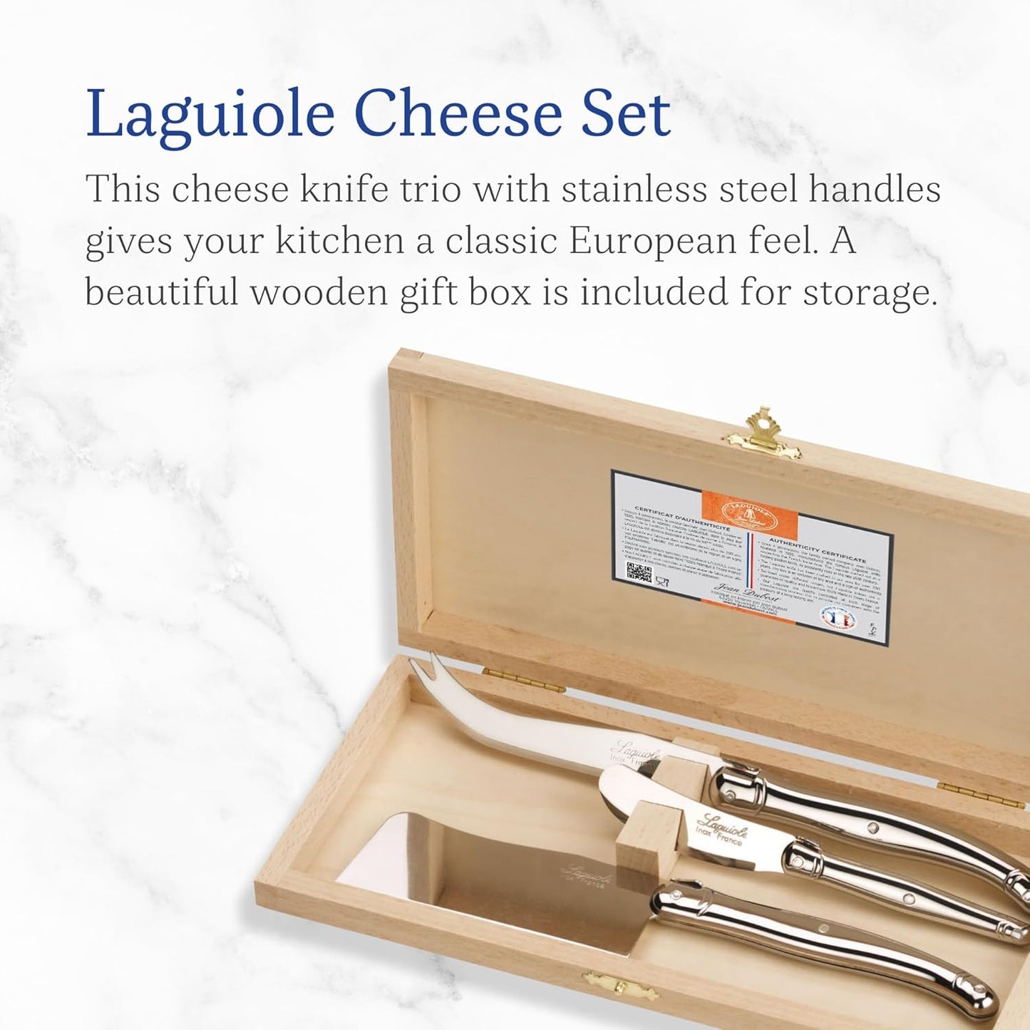 Jean Dubost Laguiole 3-Piece Cheese Knife Set, Stainless Steel Handles - Rust-Resistant Stainless Steel - Includes Wooden Box - Made in France