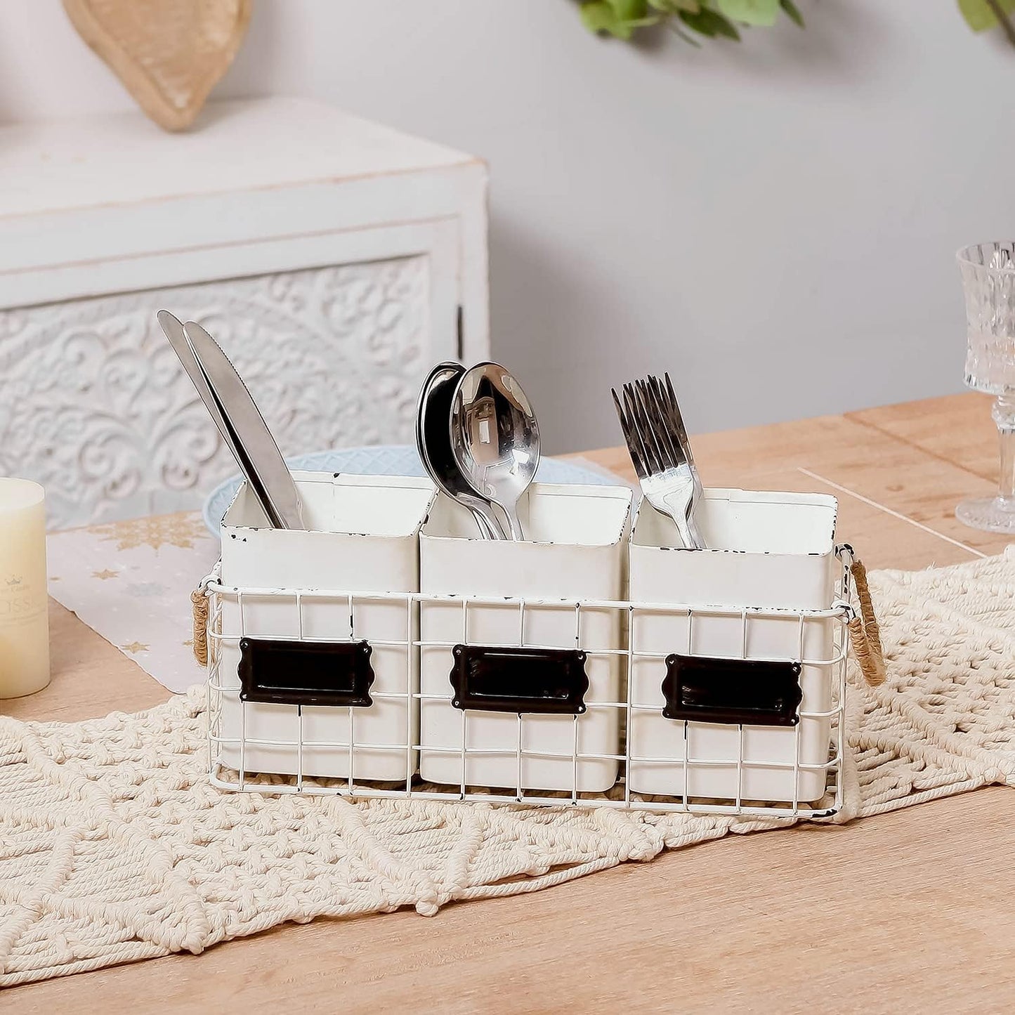 NIKKY HOME Farmhouse 3 Compartment Galvanized Flatware Cutlery Caddy Countertop Silverware Holder for Spoons, Knives, Forks - Silver