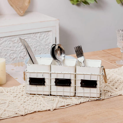 NIKKY HOME Farmhouse 3 Compartment Galvanized Flatware Cutlery Caddy Countertop Silverware Holder for Spoons, Knives, Forks - Silver