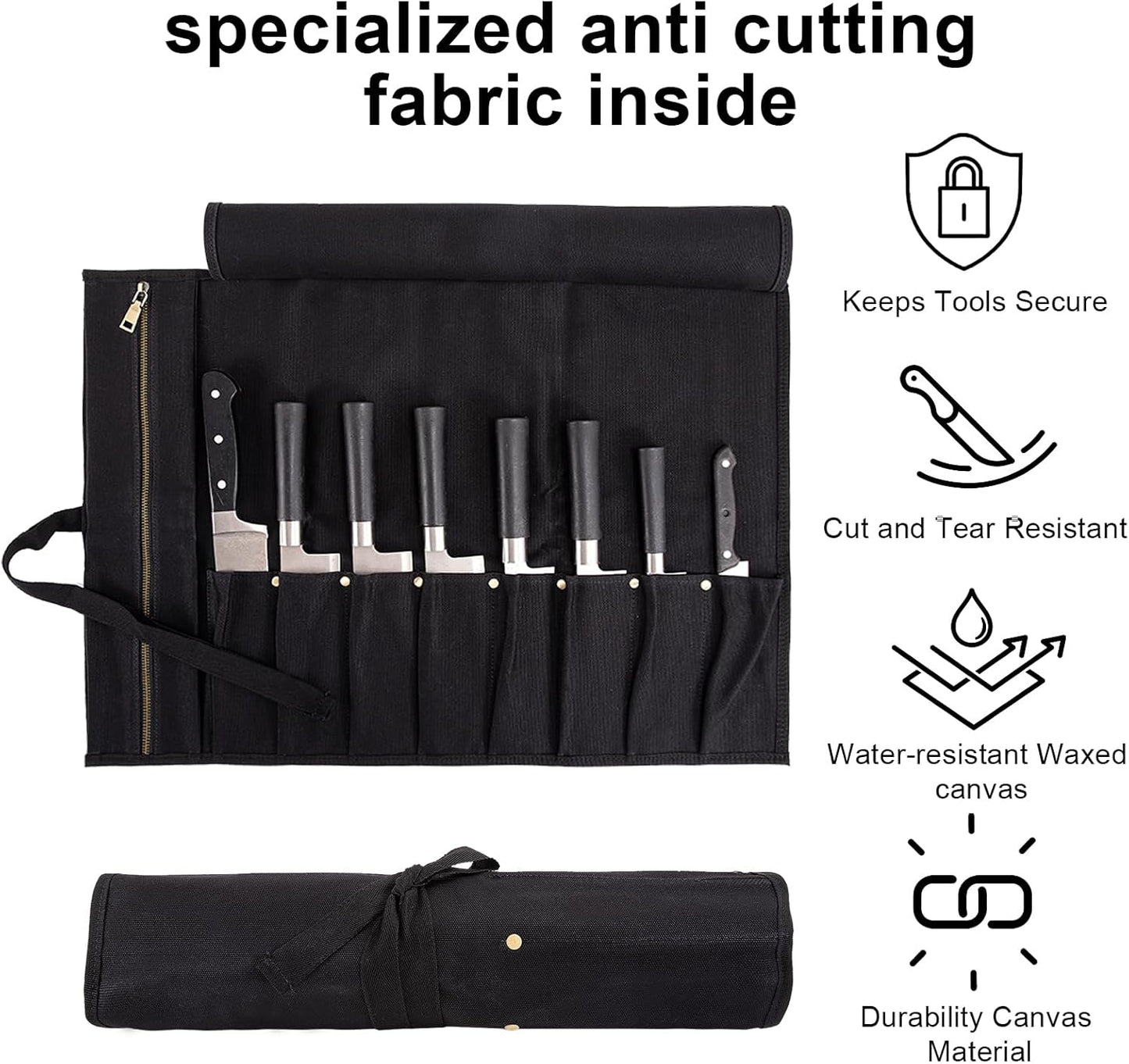 Chef Knife Roll Bag, Waxed Canvas knife bags for chefs professional, Portable 8 Slots Chef Knife Case With 1 Zipper Pockets & 8 Plastic Knife Guards Can Camping and Hold Home Kitchen Knife Tools