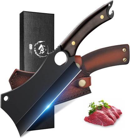 ROCOCO Hand Forged Meat Cleaver Sharp Butcher Knife for Meat Cutting Vegetable Cleaver with Sheath for Home Kitchen Outdoor Camping BBQ Father Mother Gift Idea Men