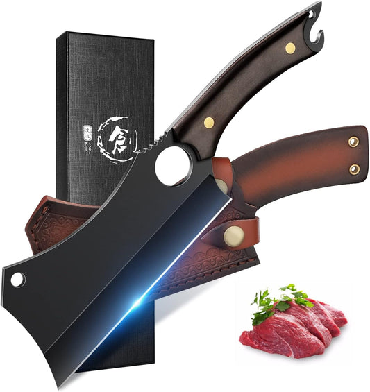 ROCOCO Hand Forged Meat Cleaver Sharp Butcher Knife for Meat Cutting Vegetable Cleaver with Sheath for Home Kitchen Outdoor Camping BBQ Father Mother Gift Idea Men