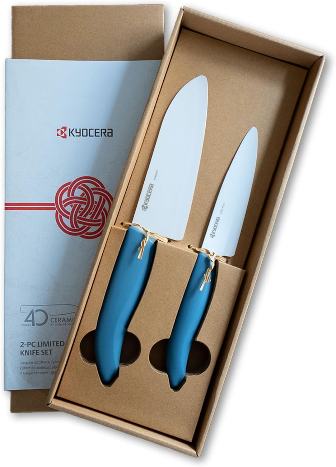Kyocera Revolution 2-Piece Ceramic Knife Set: Chef Knife For Your Cooking Needs, 5.5" Santoku and 4.5" Utility Knife, White Blades with Blue Handles, White/Blue
