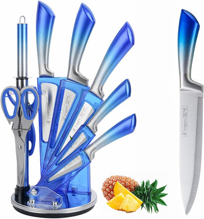 Kitchen Knife Set, 9Pcs Purple Knife Set with Acrylic Block, Ergonomical Handle,Non Stick Sharp Stainless Steel Chef Knife Block Set for Home Cooking Gift