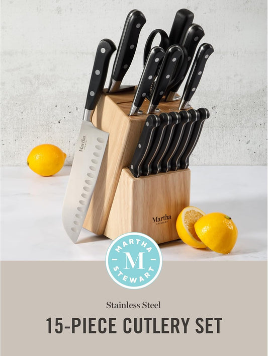Martha Stewart Carverton 15 Piece High Carbon Stainless Steel Cutlery Kitchen Knife Block Set w/ABS Triple Riveted Forged Handle Wood Block - Black