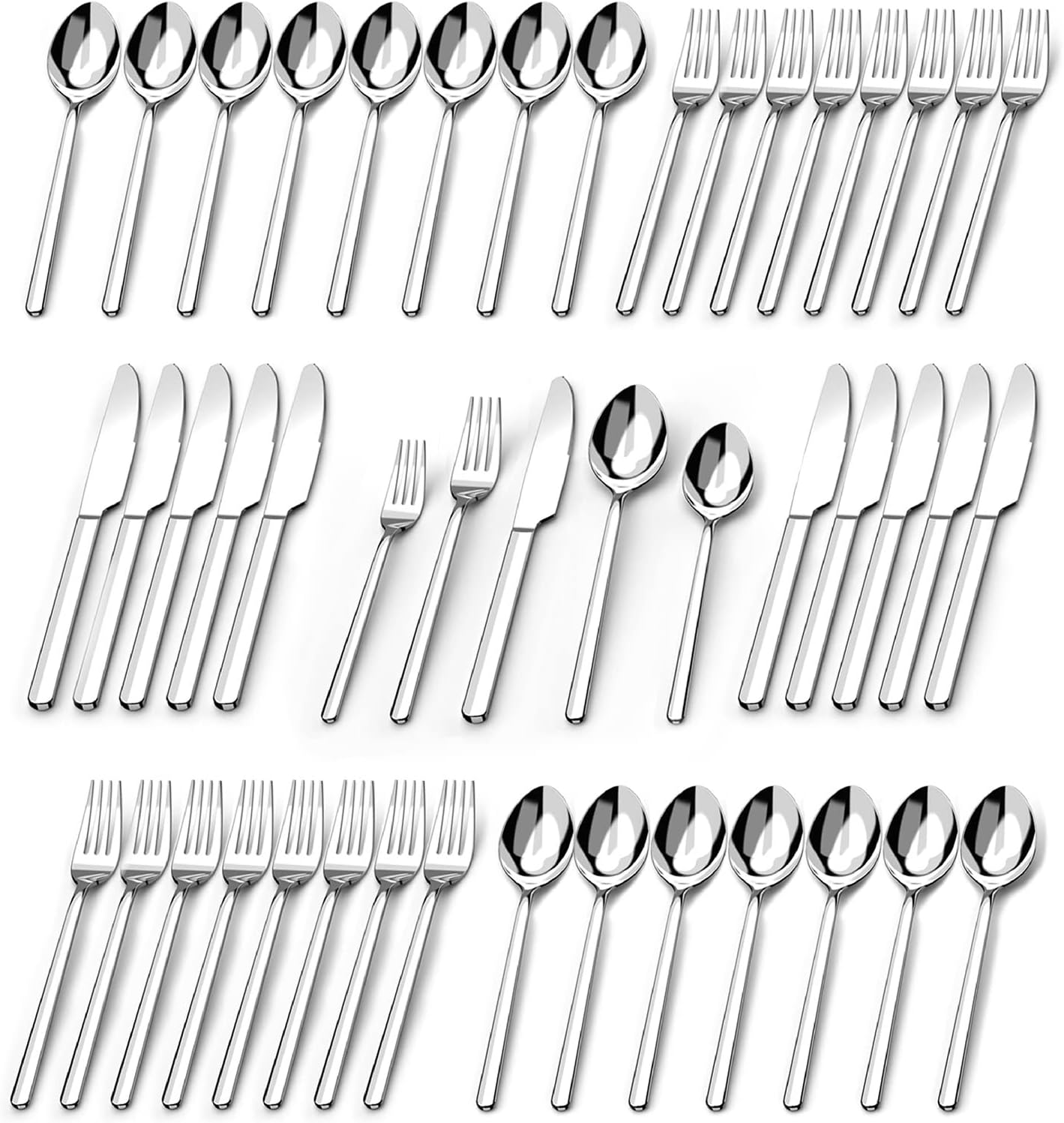 KINGSTONE 48-Piece Silverware Set with Steak Knives, Flatware Set for 8, Stainless Steel Tableware Cutlery Set for Home Restaurant, Mirror Finish,Modern Design