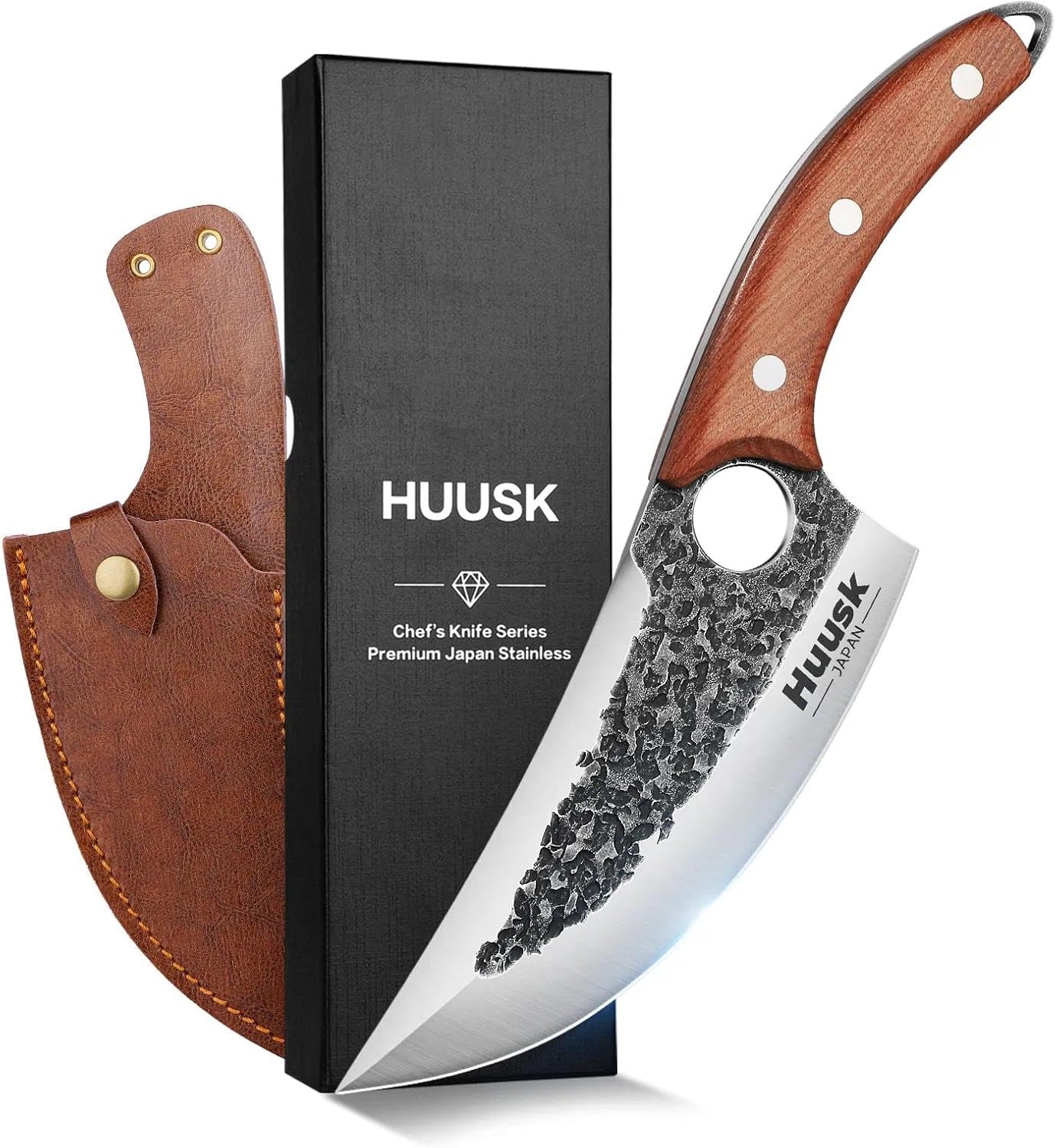 Huusk Hand Forged Chef Knife Set, High Carbon Steel Butcher Knife Set, Japanese Kitchen Knives for Home, Outdoor BBQ Camping Cooking, Gift Idea for Men