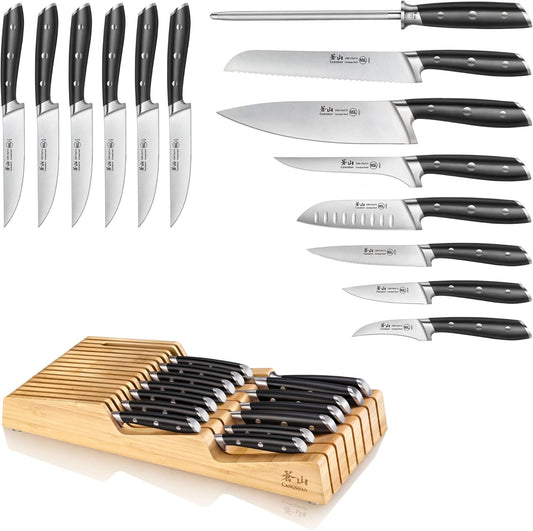 Cangshan ALPS Series 502827 German Steel Forged 15-Piece In-Drawer Knife Set with Bamboo Tray, (White)