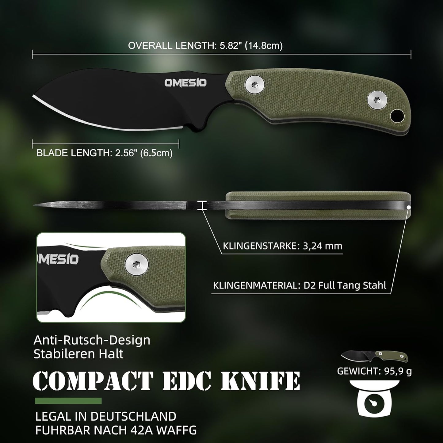Omesio Neck Knife, Full Tang EDC Knife Necklace for Men, 5.82" Fixed Blade with Kydex SHeath and Clip, Nessmuk Blade Small D2 Steel G10 Handle for Outdoor, Survival, Camping