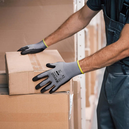 KAYGO Work Gloves for Men and Women,12 Pairs Seamless Knit PU Coated Safety Gloves, with Smooth Grip on Palm and Fingers, Ideal for Light Warehouse, Manufacturing, Gardening, KG11P (M, Black)