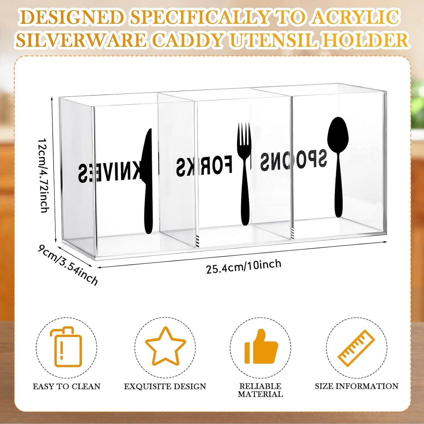 Suzile Acrylic Cutlery Storage Organizer Plastic Utensil Holder Clear Silverware Organizer 3 Section Tableware Storage Box Countertop Fork Spoon Knife Holder Party Flatware Caddy for Kitchen Storage
