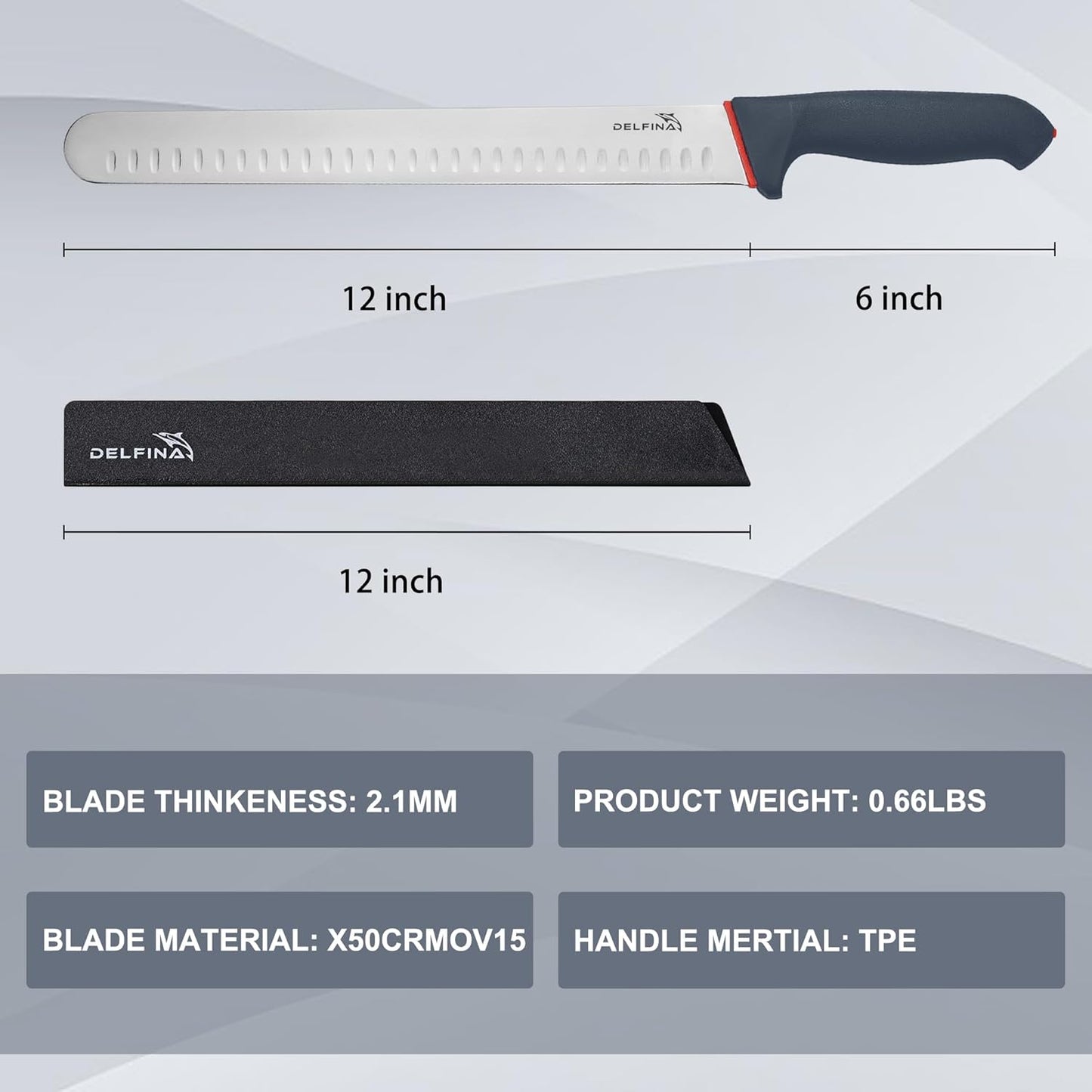 DELFINA 12 Inch Brisket Slicing Knife W/Sheath & SoftGrip Handle, Sharp Premium Carving Slicing Knife For Meat Cutting, Great for Slicing Roasts, Meats, Fruits and Vegetables