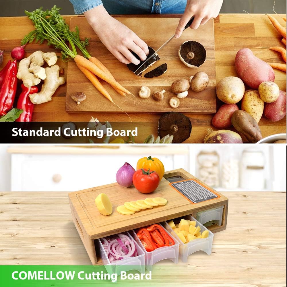 Bamboo Cutting Board with Containers, Lids, and Graters, Large Wood Cutting Board with Containers, Food Dropping Zone, Carving Board with Easy-grip Handle, Juice Groove