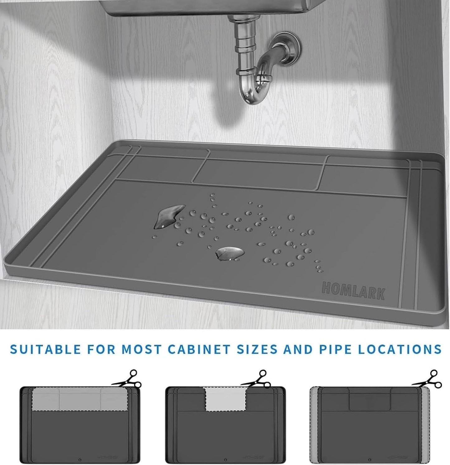 Under Sink Mat for Kitchen Waterproof, 34x22 Inches with Smaller Cut - Flexible Silicone Under Sink Liner, Kitchen Bathroom Cabinet Organizer for Drips Leaks (Grey, 34" L x 22" or Smaller)