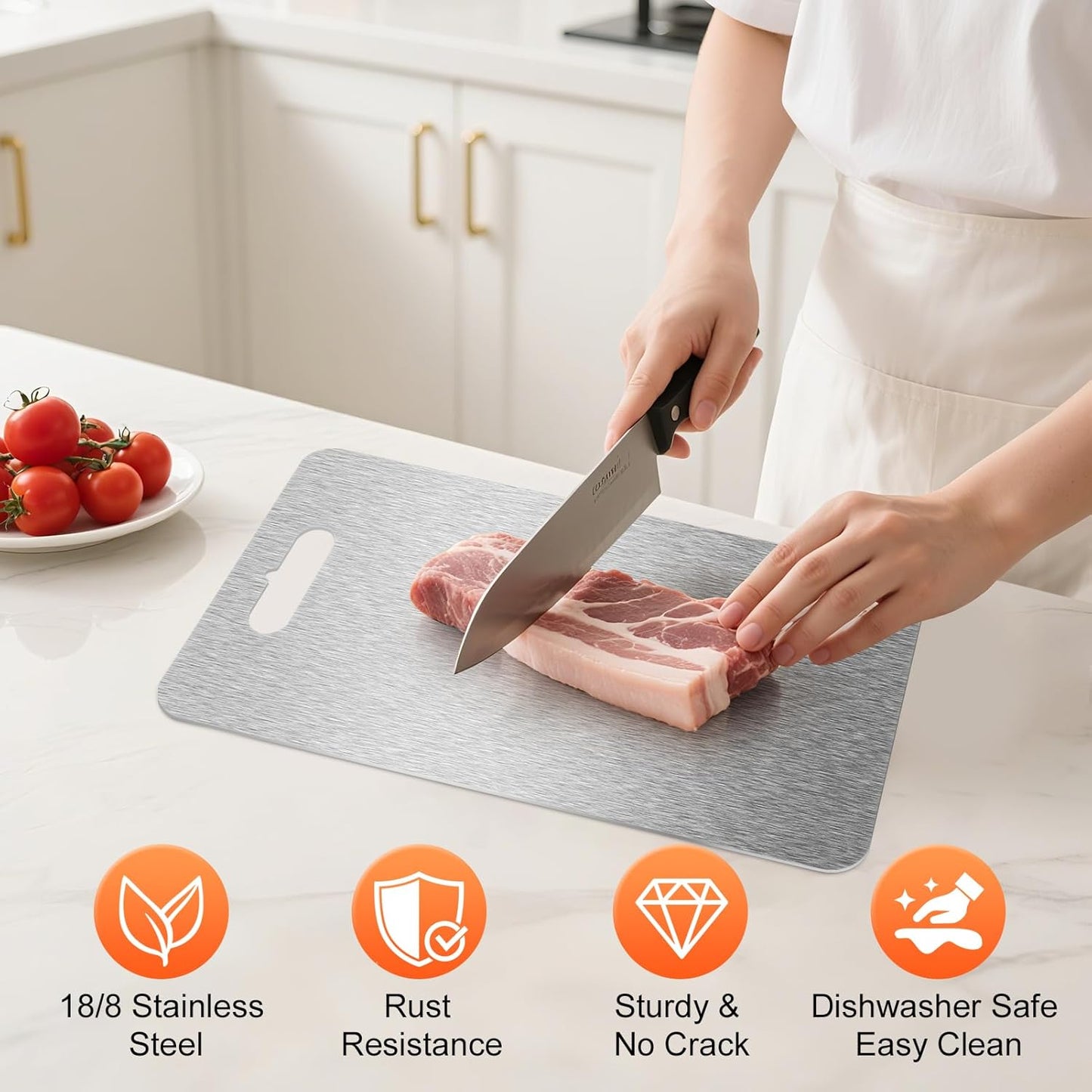 ZPUFAW 3Pcs Cutting Boards for Kitchen 304 Food Grade Stainless Steel, Large-Small Titanium Cutting Board for Cutting Fruit, Meat, Fish, Vegetables, Easy Grip Handle Easy Cleaning Dishwasher Safe