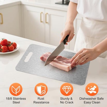 ZPUFAW 3Pcs Cutting Boards for Kitchen 304 Food Grade Stainless Steel, Large-Small Titanium Cutting Board for Cutting Fruit, Meat, Fish, Vegetables, Easy Grip Handle Easy Cleaning Dishwasher Safe