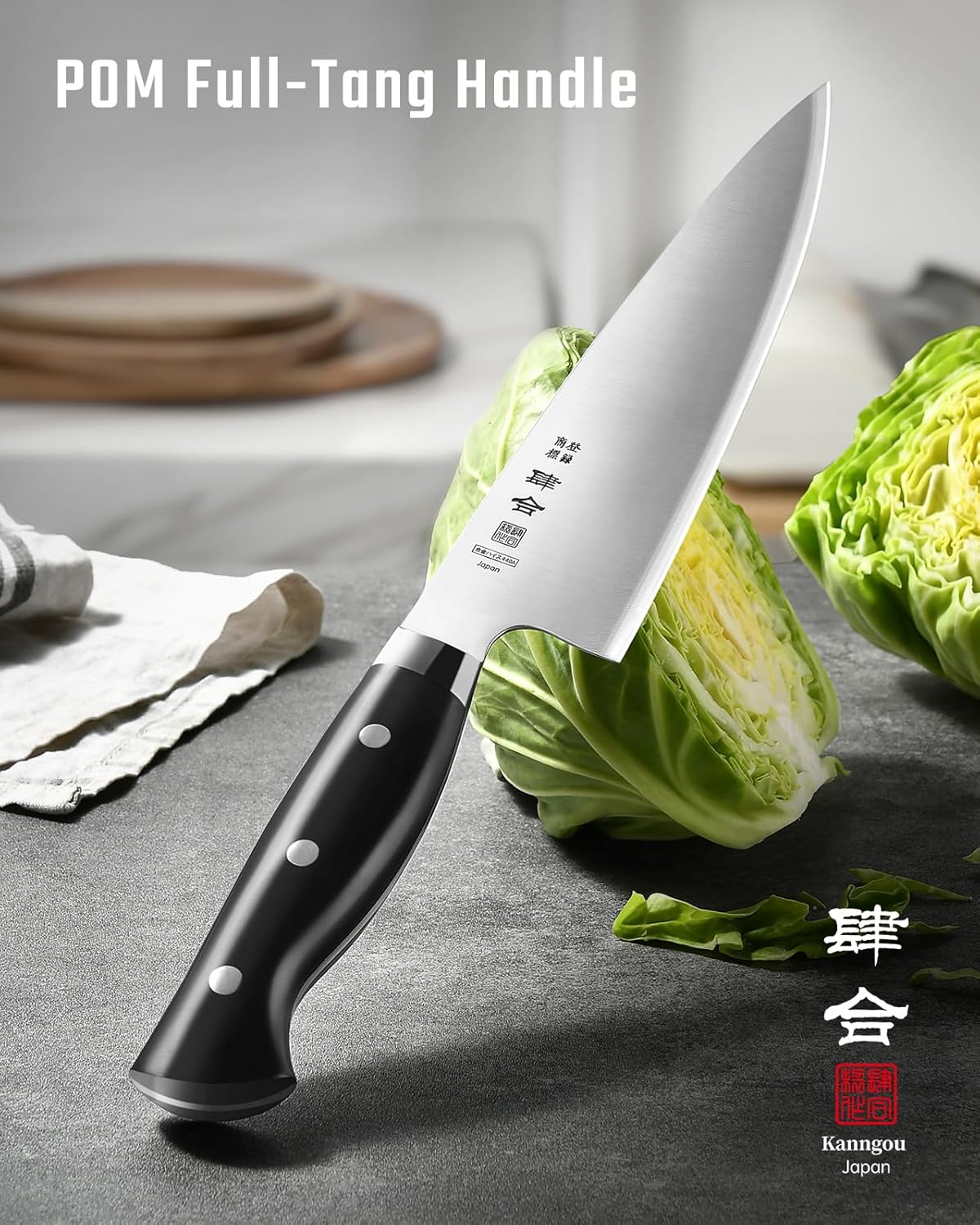 kanngou 8 Inch Chef Knife, Kitchen Knife with 440A AllOY Steel, Japanese Chefs Knife with Gift Box and Full-Tang Black POM Handle