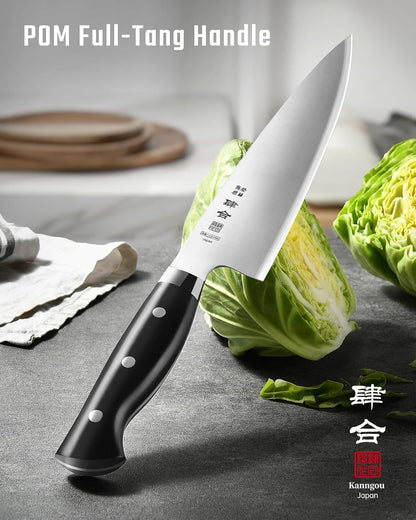 kanngou 8 Inch Chef Knife, Kitchen Knife with 440A AllOY Steel, Japanese Chefs Knife with Gift Box and Full-Tang Black POM Handle