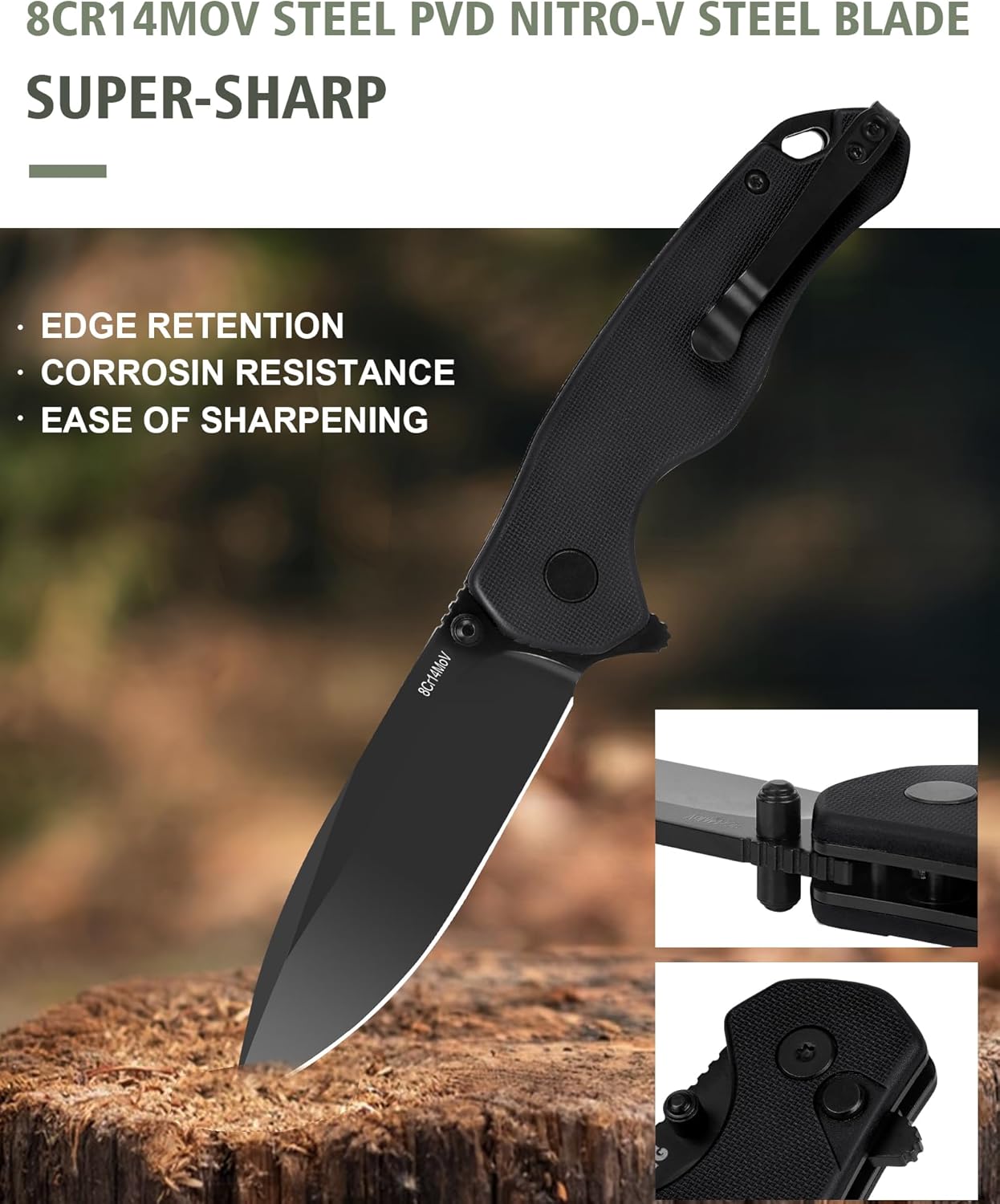 Pocket Folding Knife(EDC)- With 2.99” 8Cr14MoV Steel Blade and G10 Handle,- Lightweight Folding knives with Clip for Camping, Hiking, Hunting Survival Multi-Knife (Green)