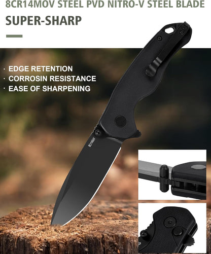 Pocket Folding Knife(EDC)- With 2.99” 8Cr14MoV Steel Blade and G10 Handle,- Lightweight Folding knives with Clip for Camping, Hiking, Hunting Survival Multi-Knife (Green)