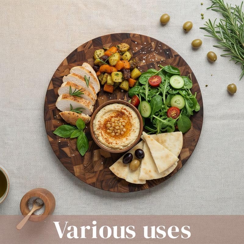Teak Wood Round End Grain Cutting Board 11.8 Inch, Non Toxic Solid Wood Cutting Board for Kitchen Prep, Pizza & Serving Board with Handle by New M Way