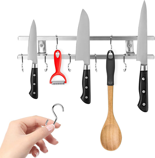 Modern Innovations (12 Inch Stainless Steel Metal Magnetic Knife Holder, Wall Mount Double Bar with 8 Hooks - Multipurpose Knife Magnetic Strip, Utensil hanger, and Kitchen Storage Rack Magnet