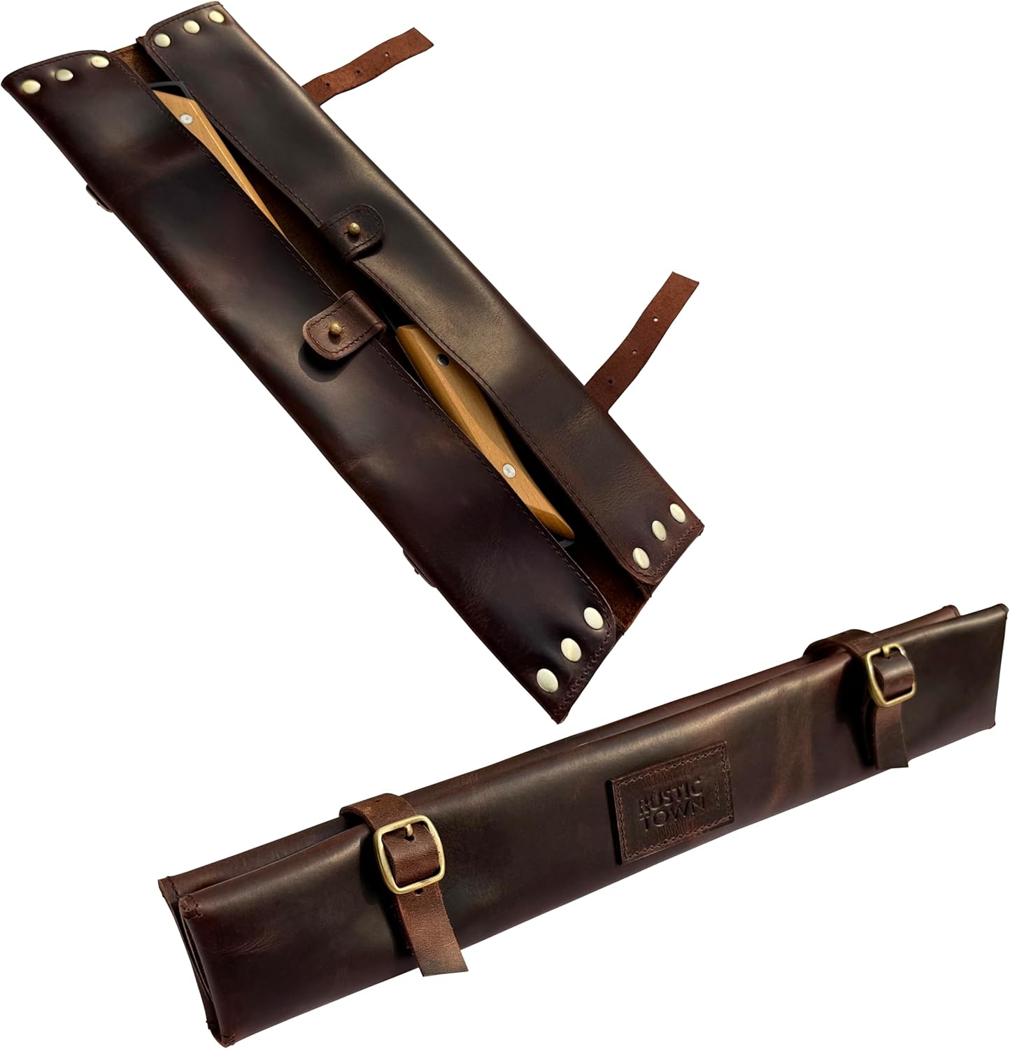RUSTIC TOWN Leather Knife Roll - Chef's Knife Case Holder Cutlery Carrying Case Organizer Storage Bag - Travel Friendly Gift for Men & Women