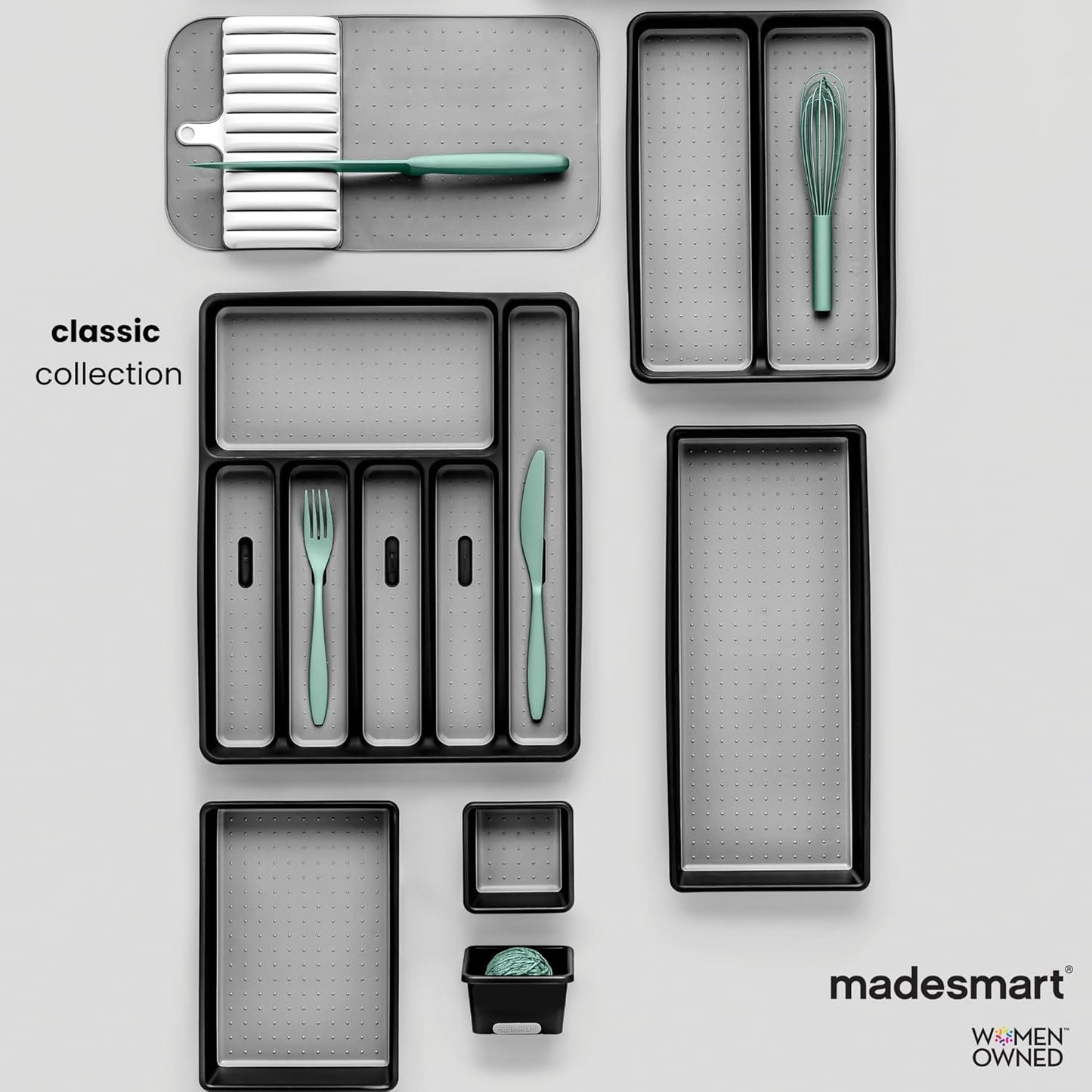 madesmart Premium Small Silverware Tray, Compact 5 Compartment Flatware Organizer for Forks, Knives & Spoons, Non Slip, Soft Grip Lining, Fits Small Drawers, Carbon