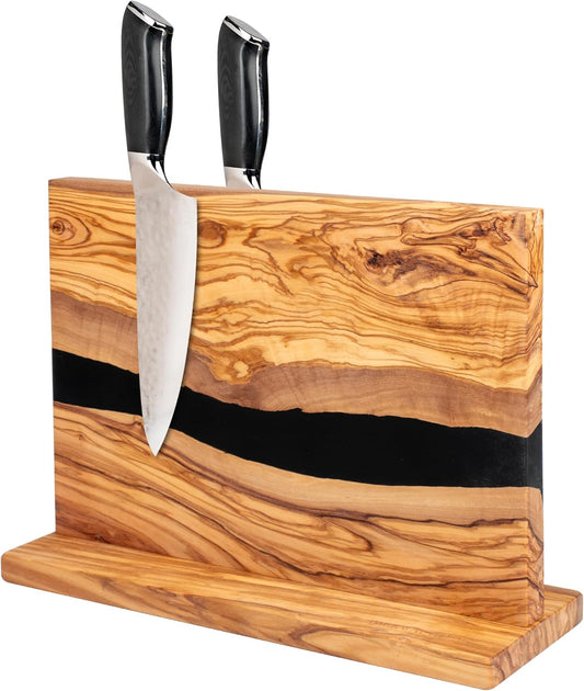 Magnetic Knife Block Stand - Italian Olive Wood Kitchen Knife Holder Rack with Resin Flow Design - Double Sided Strong Magnet Knife Block - Universal Knife Organizer Holds 18 Knives - Blue Resin
