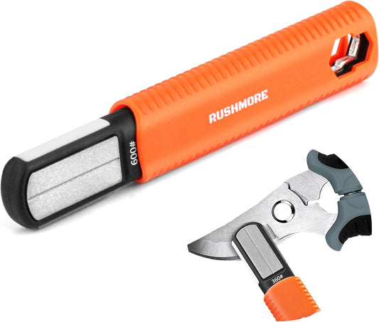 Rushmore 6-in-1 Garden Tool & Knife Sharpener – Carbide & Ceramic Blades for Pruners, Scissors, Axes, Machetes, Hedge Shears & Lawn Mower Blades – Repairs, Hones & Maintains Edges