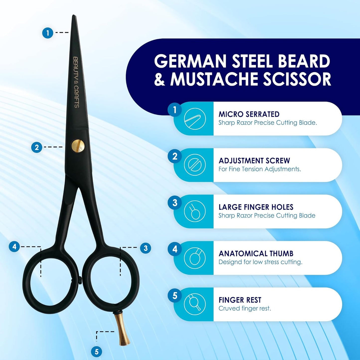 Beauty & Crafts 5” Professional Beard & Mustache Scissors for Men | German Stainless Steel Beard Trimming Shears with 2 Mustache Combs & Premium Pouch for All Facial Hair (Black)