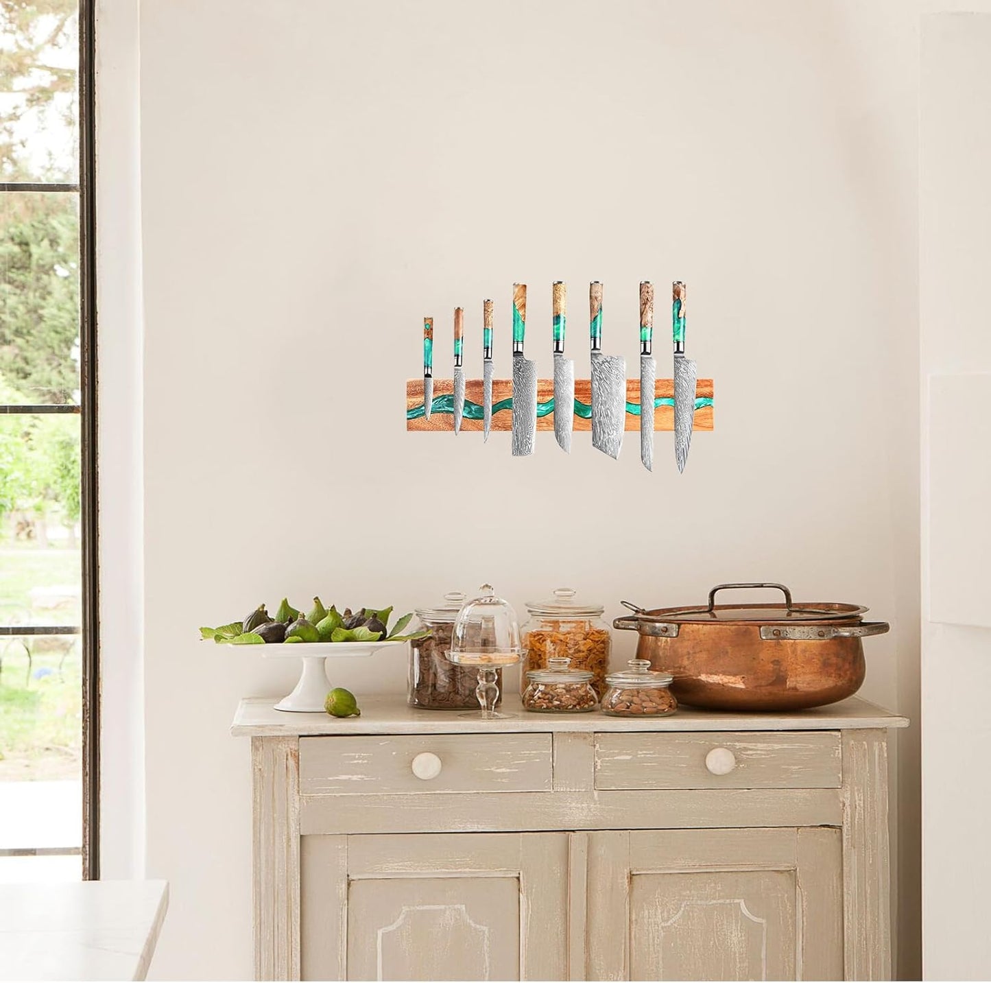 Magnetic Knife Holder, 15.7 Inch Walnut Wood and Resin Magnetic Knife Bar for Wall, Heavy Duty Magnet Holds 8 Knives, Handcrafted Ocean Blue (Ocean's Embrace)