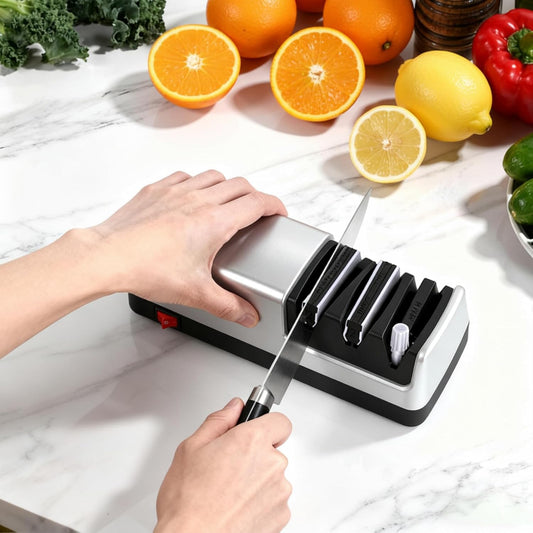 4-in-1 Electric Knife Sharpener - Professional 2-Stage Diamond Sharpening System for Straight and Serrated Knives Scissors and Polishing Rod - Kitchen Blade Sharpener
