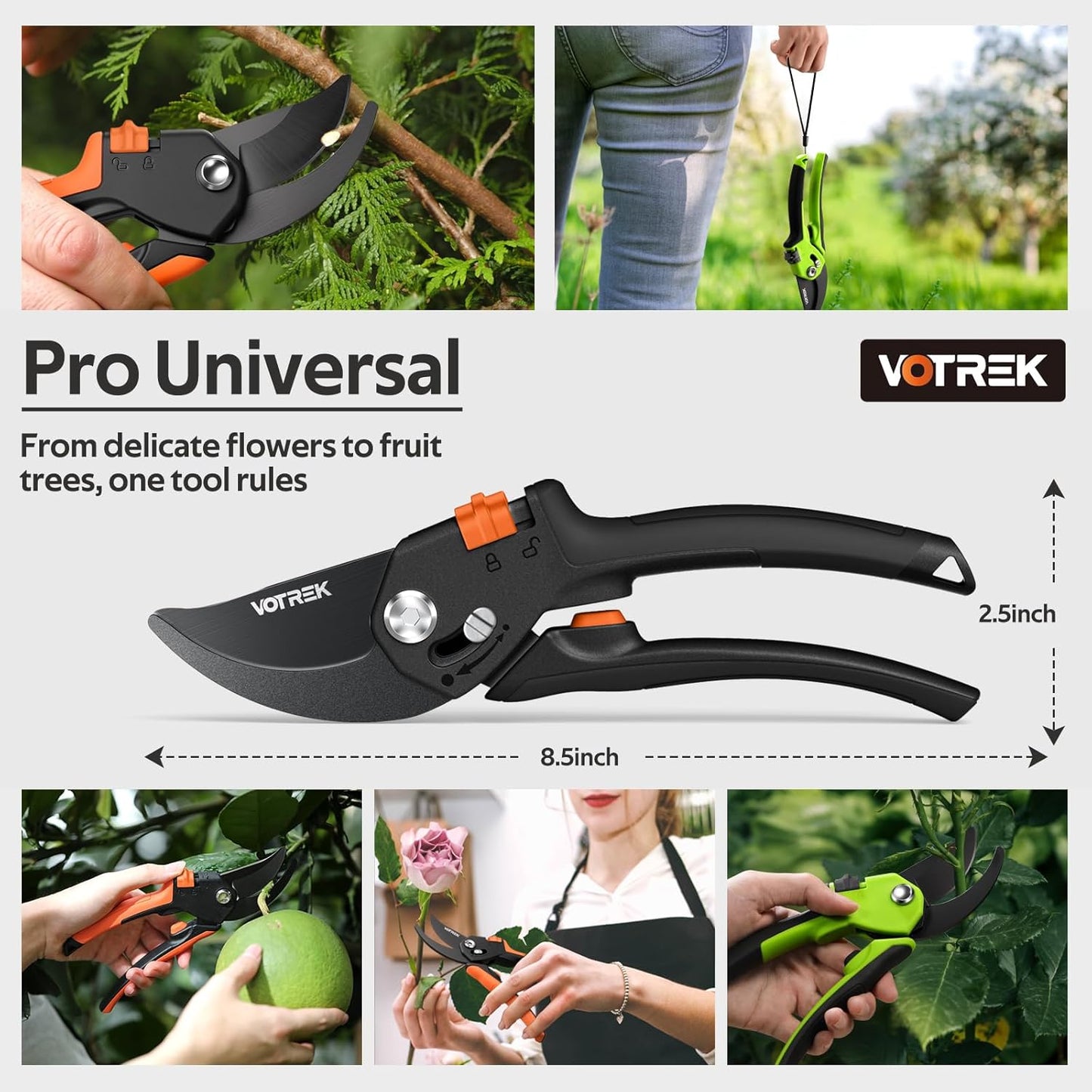 VOTREK® Pruning Shears, [Patented Stepless Handle Opening] - Garden Clippers with Ultra-Sharp SK5 Steel for Weak Hand, Bonsai Scissor Universal Fit for All Hand Sizes, Effortlessly Cut 1-Inch Branches