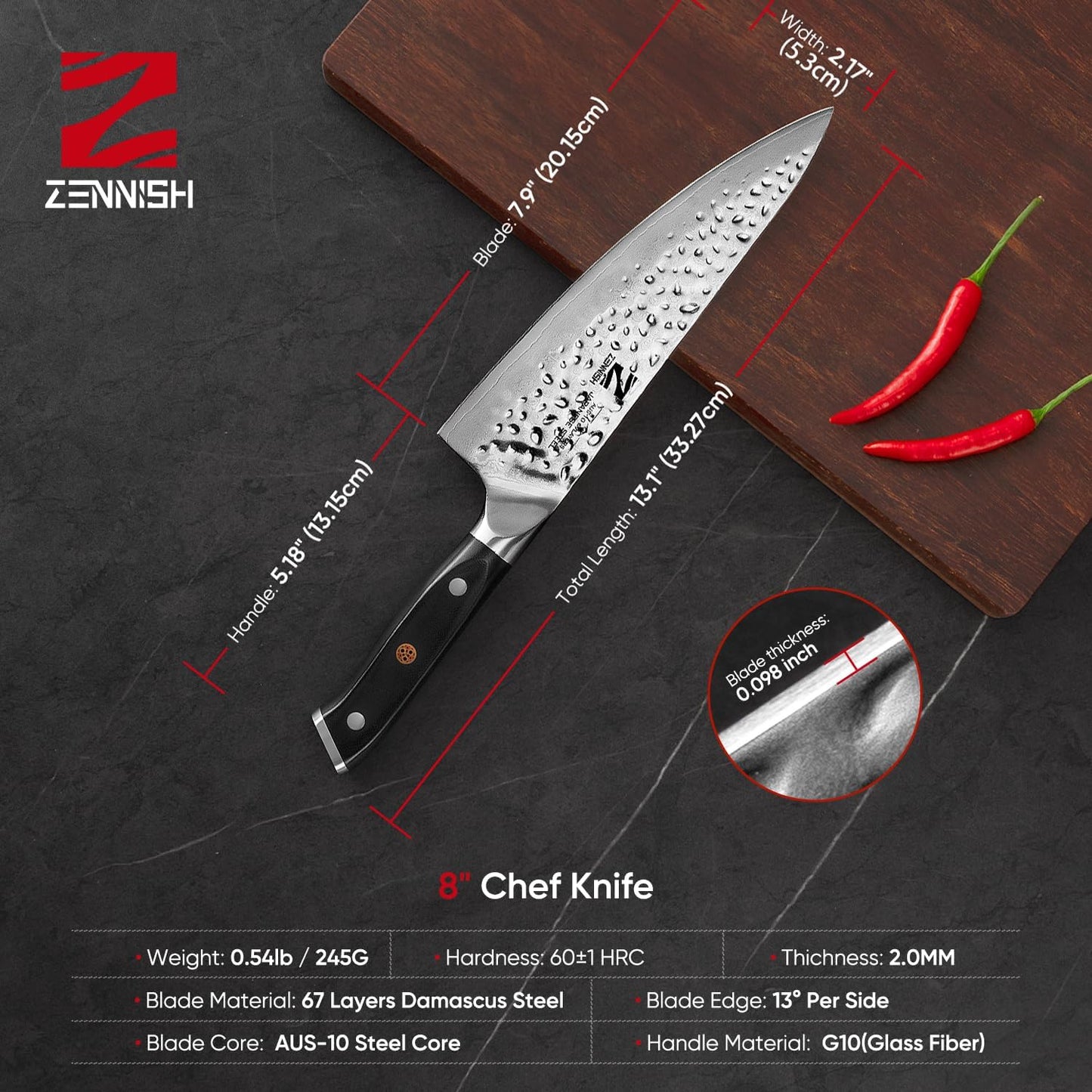 【Exclusive】 Gyuto Knife, 8 Inch Japanese Chef Knife, Handmade Forged 5-Layer VG10 High Carbon Steel, Hammered Finish Rust-Resistant Blade, Ergonomic Sandalwood G10 Handle Kitchen Knife with Gift Box