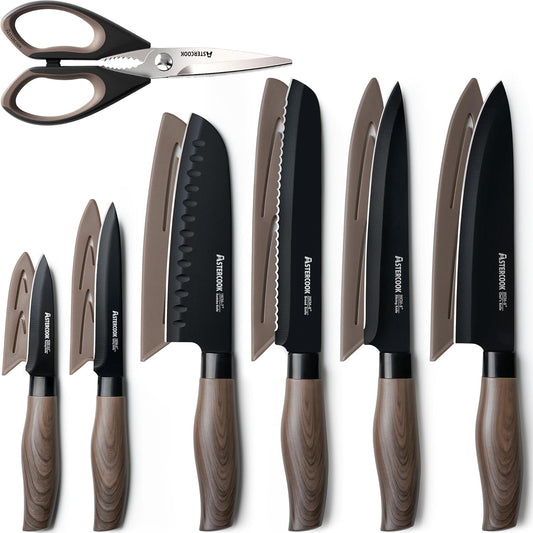 Astercook Knife Set, 13-Piece Kitchen Knives Set with 6 Blade Guards, Black Anti-Rust & Non-Stick Coating, Dishwasher Safe Stainless Steel Knives, Ergonomic Handle, Perfect for Holiday Gifts