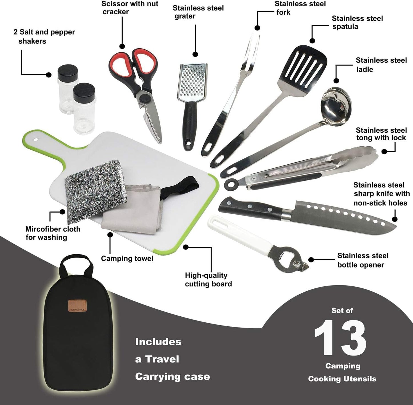 Camp Kitchen Utensil Organizer Travel Set Portable BBQ Camping Cookware Stainless Steel Utensils Travel Kit Outdoor Equipment Cutting Board Tongs Scissors Knife Ladle Spatula