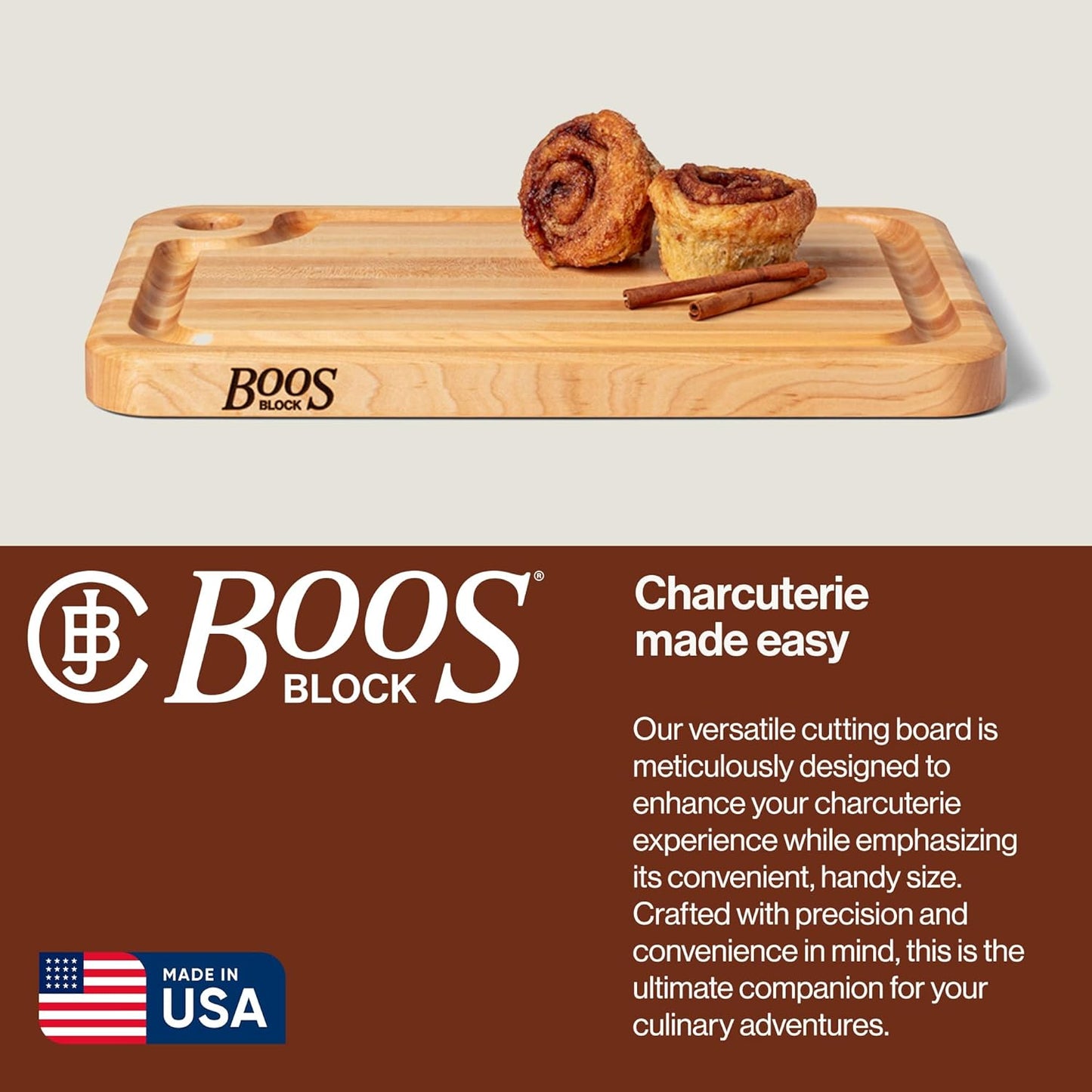John Boos Prestige Series Rectangular Wooden Maple Cutting Board 18”x12” – 1.25” Thick, 8-lb Reversible Butcher Block with Juice Groove, Edge-Grain & Finger Grip Hole – Made in the USA