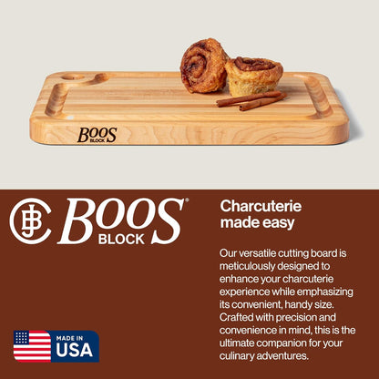 John Boos Prestige Series Rectangular Wooden Maple Cutting Board 18”x12” – 1.25” Thick, 8-lb Reversible Butcher Block with Juice Groove, Edge-Grain & Finger Grip Hole – Made in the USA