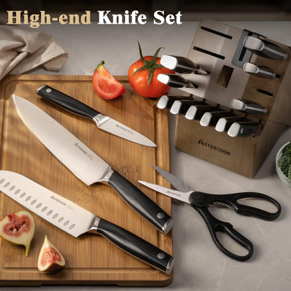 Astercook Knife Set, Kitchen Knives Set with Block and Sharpener Full Tang 17 Pcs German Stainless Steel Knives Sharp Blade Dishwasher Safe Premium Knife Set, Black Mothers Day Gifts for Women