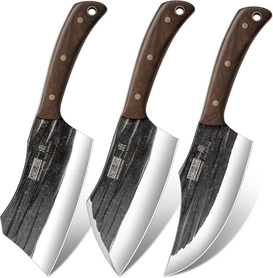 HOSHANHO Butcher Knife Set 3-Piece, Super Sharp Hand Forged Fillet Knife & Dividing Knives & Paring Knives Set, Upgraded High Carbon Stainless Steel Meat Cutting for Home, Outdoor