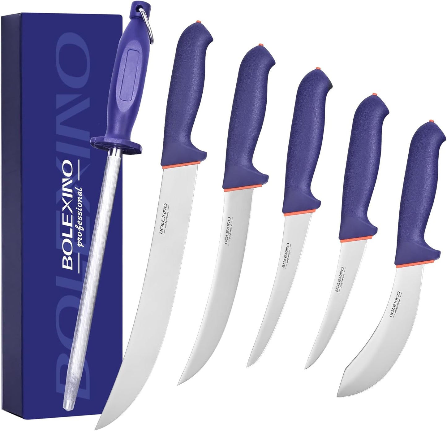 5 PCS Professional Butcher Knife Set W/Non-slip Softgrip, incl. 8" Butcher, 6" Skinning, 6" Boning Knife For Meat Cutting, 10" Knife Sharpener Rod & Knife Roll Bag, X50CrMoV15 Stainless Steel