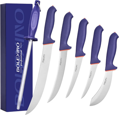 5 PCS Professional Butcher Knife Set W/Non-slip Softgrip, incl. 8" Butcher, 6" Skinning, 6" Boning Knife For Meat Cutting, 10" Knife Sharpener Rod & Knife Roll Bag, X50CrMoV15 Stainless Steel