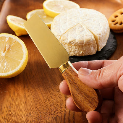 4 Gold Cheese Knife Set for Charcuterie Board, Wood Handle Stainless Steel Cheese Slicer & Cutter Utensils Gift for Christmas, Halloween, Thanksgiving & All Holidays (4 Gold Cheese Knife Set)