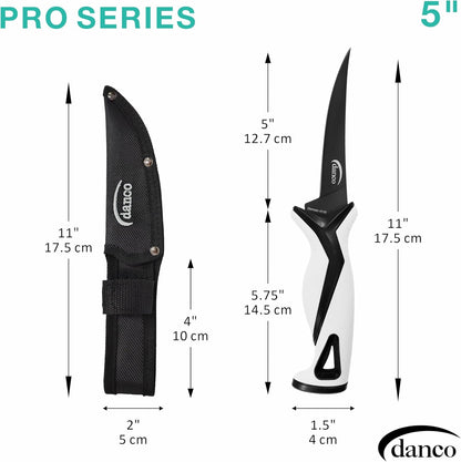 danco Pro Series 5" Fillet Knife | Full Tang German G4116 Stainless-Steel Blades with Teflon Coating, Molded Nylon Sheath, Perfect for Saltwater Fishing & Hunting