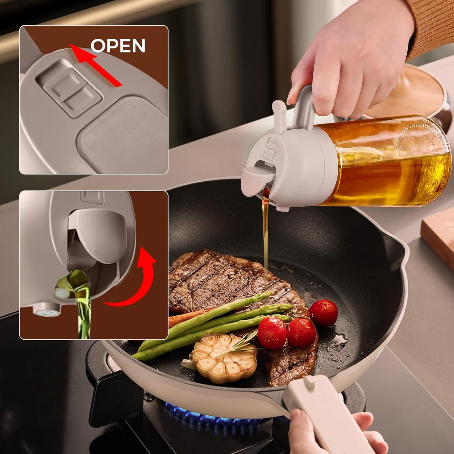 YARRAMATE 16oz/470ml Glass Olive Oil Sprayer for Cooking with Stickers, 2 in 1 Oil Dispenser for Kitchen Gadgets, Food Grade Premium Spray Bottle for Salad, Frying, BBQ (Creamy White)