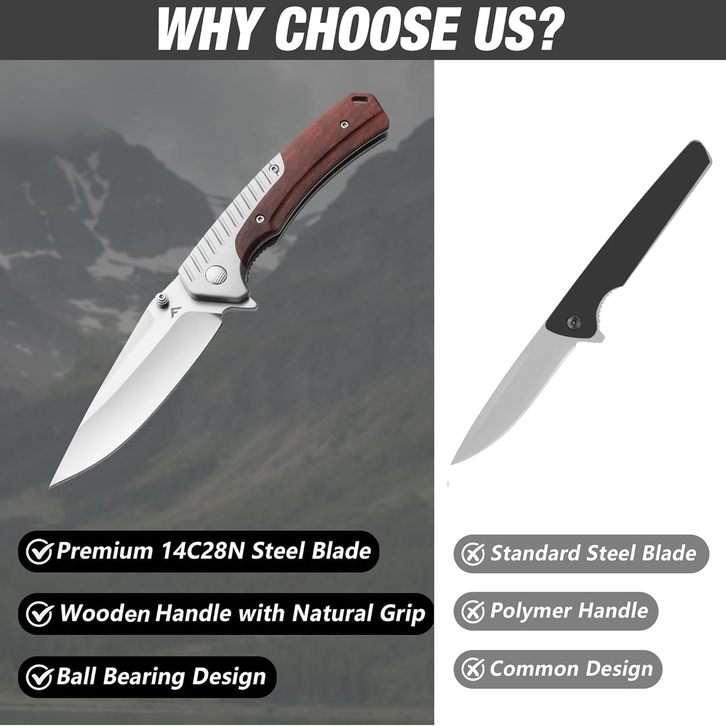 FLISSA Pocket Knife with 3.35" 14C28N Steel Blade, Liner Lock Folding Knife with Wooden Handle for EDC, Camping, Hiking, Outdoor Activities, Gift for Men and Women
